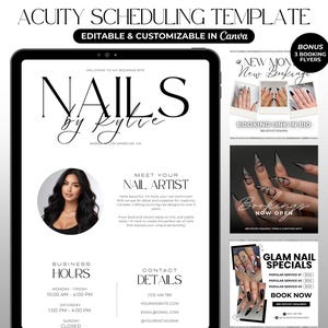 May include: A black and white digital template for scheduling appointments for a nail salon. The template features a photo of a woman with long dark hair, the text "NAILS by Kylie", and the words "Meet Your Nail Artist". The template also includes business hours, contact details, and three social media graphics with the text "New Bookings", "Bookings Now Open", and "Glam Nail Specials".