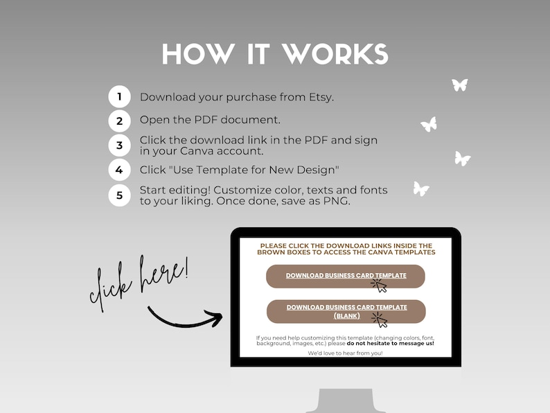 May include: A computer screen shows instructions on how to use a template. The text reads "HOW IT WORKS" and includes steps for downloading, opening, and editing. The screen displays two brown buttons with text, and the words "click here!" are written in cursive.