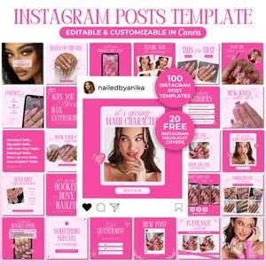 Könnte beinhalten: Eine rosa Instagram-Post-Vorlage mit dem Text "INSTAGRAM POSTS TEMPLATE" und "EDITABLE & CUSTOMIZABLE IN Canva". Die Vorlage enthält 100 Instagram-Post-Vorlagen und 20 kostenlose Instagram-Highlight-Cover. Die Vorlage ist für Nagelkunst.
