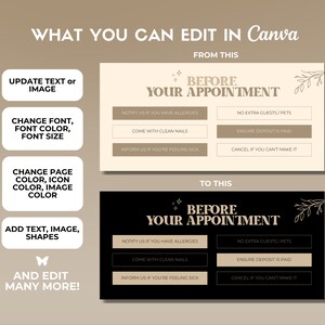 May include: A light brown and black graphic design template with the text "Before Your Appointment" and a list of instructions for clients. The instructions include "Notify us if you have allergies", "Come with clean nails", "No extra guests/pets", "Ensure deposit is paid", and "Cancel if you can't make it".