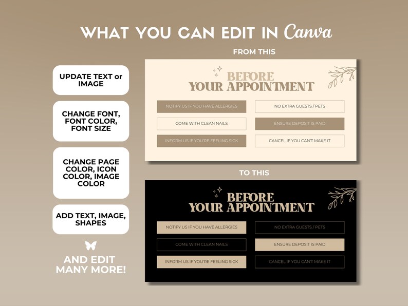 May include: A light brown and black graphic design template with the text "Before Your Appointment" and a list of instructions for clients. The instructions include "Notify us if you have allergies", "Come with clean nails", "No extra guests/pets", "Ensure deposit is paid", and "Cancel if you can't make it".