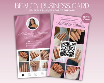 Pink Nail Business Card Template Nail Tech Business Card Social Media QR Code Nail Artist Instagram Business Card Canva Template Minimalist