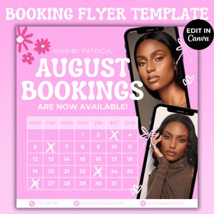 Rosa Haar Buchung Flyer Vorlage DIY Jetzt Buchen August Buchungen Hairstylist Flyer Wimpern Nägel Perücke Zöpfe MUA Flyer Canva Template Bearbeitbar