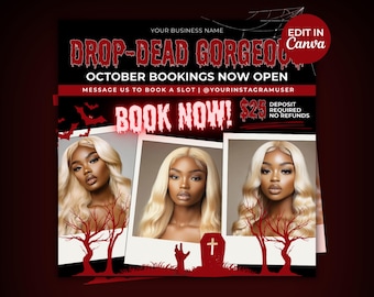 May include: A Halloween-themed promotional graphic. The text "DROP-DEAD GORGEOUS" is in a dripping font. The image features three portraits of a woman with blonde hair, and the words "BOOK NOW!" are displayed prominently.