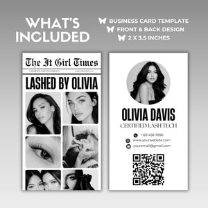 May include: A business card template with front and back designs. The front features a photo of a woman in a circle, the name "OLIVIA DAVIS", and contact information. The back has a newspaper-style design with the text "LASHED BY OLIVIA" and photos.