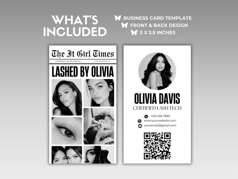 May include: A business card template with front and back designs. The front features a photo of a woman in a circle, the name "OLIVIA DAVIS", and contact information. The back has a newspaper-style design with the text "LASHED BY OLIVIA" and photos.