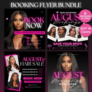 Haar Buchung Flyer Vorlage Pink Bundle DIY Book Now August Buchungen Haar Wimpern Nägel Perücke Zöpfe MUA Flyer Canva Template Bearbeitbar