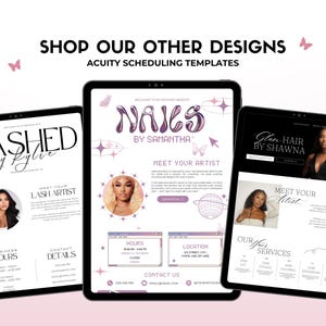May include: Three tablet computer screens showing website designs for beauty businesses. The first screen is for a lash artist, the second is for a nail artist, and the third is for a hair stylist. Each screen features a photo of a woman, the business name, and the text "Meet Your Artist".