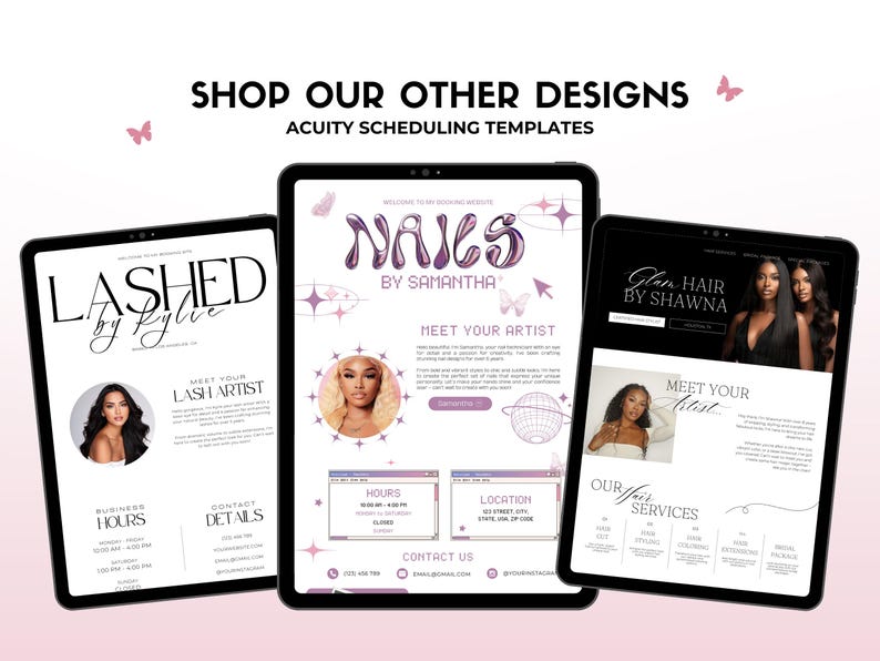 May include: Three tablet computer screens showing website designs for beauty businesses. The first screen is for a lash artist, the second is for a nail artist, and the third is for a hair stylist. Each screen features a photo of a woman, the business name, and the text "Meet Your Artist".