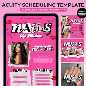 May include: A pink digital template for a nail salon, featuring the text "NAILS By Maddie" in a bold, stylized font. The design includes a photo of a woman, lip graphics, and additional promotional flyers.