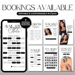 May include: Digital marketing templates with the text "BOOKINGS AVAILABLE" and "EDITABLE & CUSTOMIZABLE IN Canva." The image shows a smartphone with booking slots and promotional graphics for beauty services.
