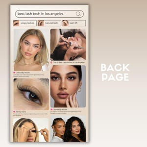 May include: A screenshot of a webpage showing a search for "best lash tech in Los Angeles". The page features several images of women with different lash styles, including wispy lashes, natural lashes, and lash lifts. The page also includes a list of top lash artists in Los Angeles.