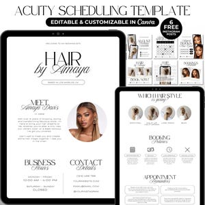 May include: Digital template for hair appointments, featuring the text "Hair by Amaya." The design includes booking details, Instagram posts, and a photo of a woman with blonde hair. The template is editable and customizable in Canva.
