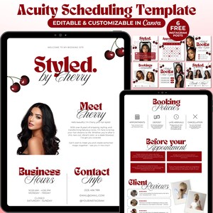 May include: Acuity Scheduling Template displayed on tablets. The template features a red and white design with the text "Styled by Cherry." Includes Instagram posts, booking policies, and client reviews. Editable and customizable in Canva.