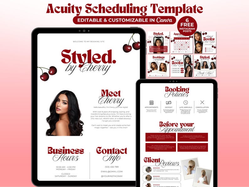 May include: Acuity Scheduling Template displayed on tablets. The template features a red and white design with the text "Styled by Cherry." Includes Instagram posts, booking policies, and client reviews. Editable and customizable in Canva.