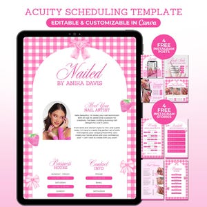 May include: A pink and white digital template for nail salon scheduling, featuring the text "Nailed by Anika Davis." The design includes a pink gingham pattern, strawberry illustrations, and Instagram post and story templates.