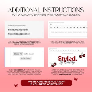 May include: Instructions for uploading banners into Acuity Scheduling. The image shows steps for customizing the scheduling page, including choosing a file and adding images. The text "Styled by Cherry" is displayed.