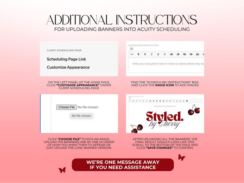 May include: Instructions for uploading banners into Acuity Scheduling. The image shows steps for customizing the scheduling page, including choosing a file and adding images. The text "Styled by Cherry" is displayed.