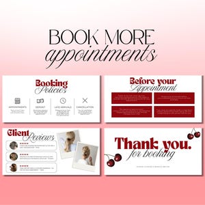 May include: A promotional graphic with the text "BOOK MORE appointments" in a stylish font. The image includes cards with information on booking policies, before appointment details, client reviews, and a thank you message. The background is a gradient of pink.