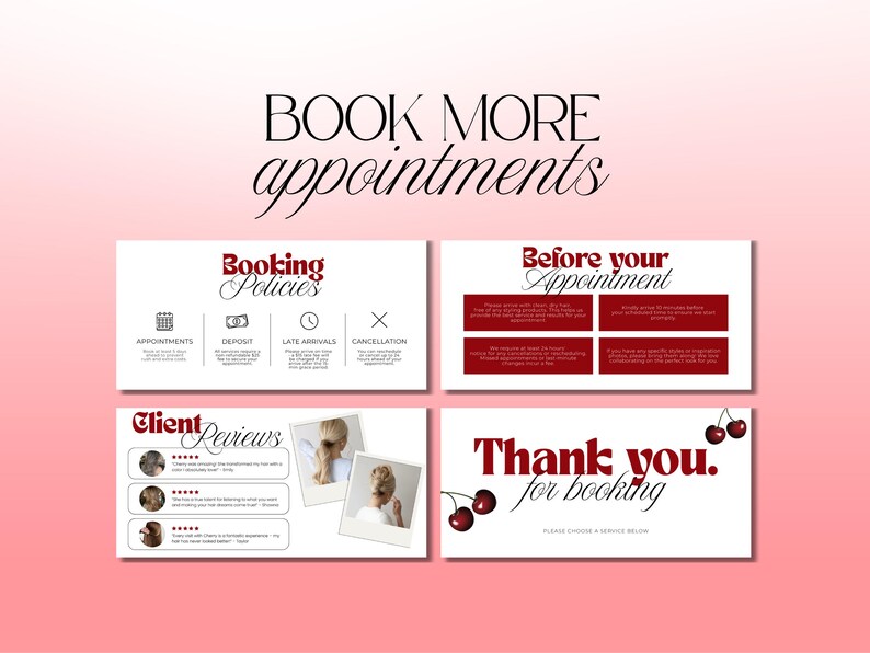 May include: A promotional graphic with the text "BOOK MORE appointments" in a stylish font. The image includes cards with information on booking policies, before appointment details, client reviews, and a thank you message. The background is a gradient of pink.