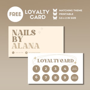 May include: A free printable loyalty card for a nail salon called "Nails by Alana". The card is 3.5 inches by 2 inches and features a gold star design. The card has nine spaces for stamps, with the tenth stamp offering a 10% discount and the eleventh stamp offering a free hair treatment.