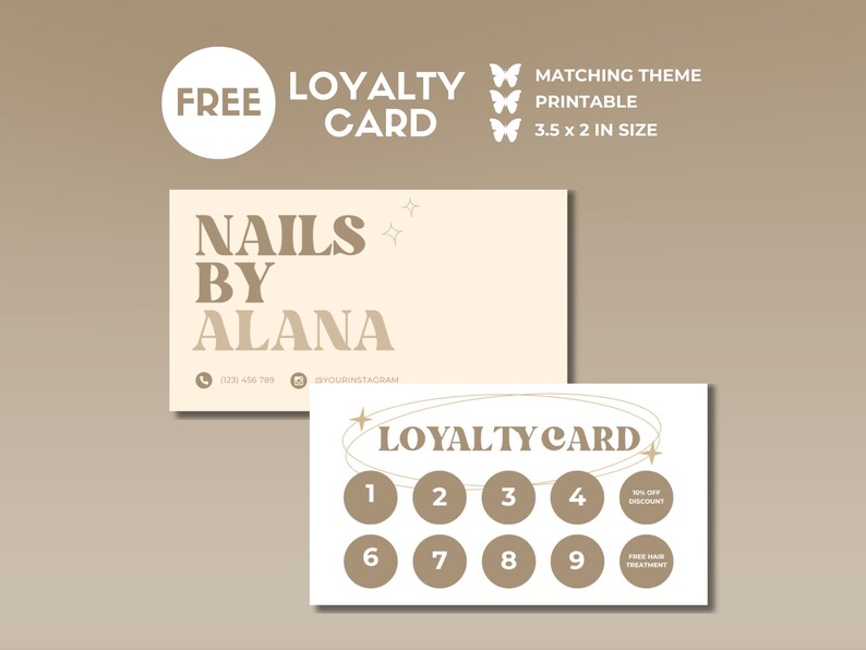 May include: A free printable loyalty card for a nail salon called "Nails by Alana". The card is 3.5 inches by 2 inches and features a gold star design. The card has nine spaces for stamps, with the tenth stamp offering a 10% discount and the eleventh stamp offering a free hair treatment.