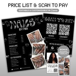 Op de afbeelding: Zwart-wit prijslijst voor een nagelsalon, met betalingsopties. De lijst bevat manicure, pedicure en extension services. QR-codes voor Venmo en CashApp zijn inbegrepen, evenals een bonus Instagram visitekaartjessjabloon.