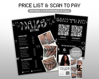 Lista de preços com código QR para pagamento em salões de beleza, lista de preços para negócios de unhas, placa de pagamento para manicure, modelo Canva, identidade visual para manicure.