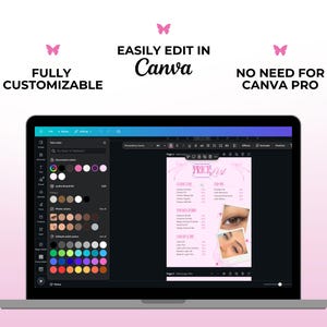 Pode incluir: Um laptop exibe um modelo de lista de pre&ccedil;os rosa e branco, edit&aacute;vel no Canva. A tela mostra uma interface de design com op&ccedil;&otilde;es de cores e um documento com texto e imagens. O texto inclui "TOTALMENTE PERSONALIZ&Aacute;VEL" e "N&Atilde;O PRECISA DE CANVA PRO".