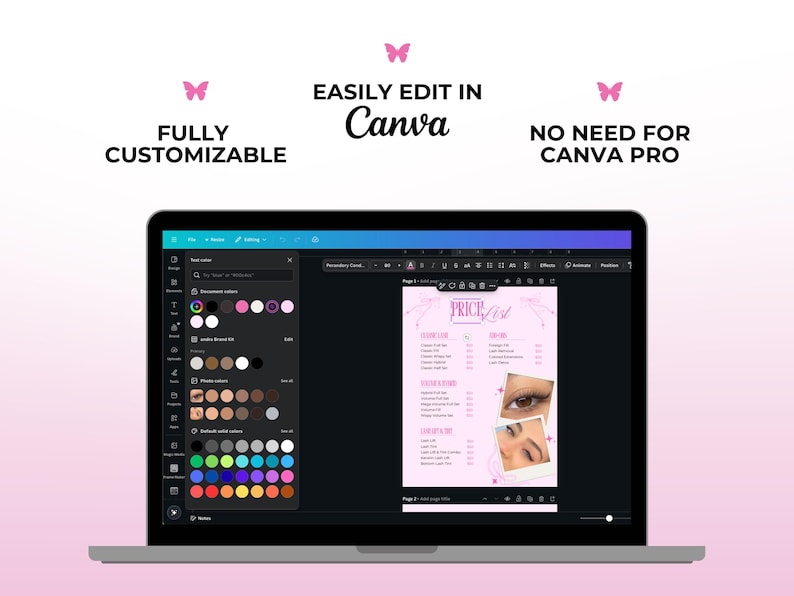 Pode incluir: Um laptop exibe um modelo de lista de pre&ccedil;os rosa e branco, edit&aacute;vel no Canva. A tela mostra uma interface de design com op&ccedil;&otilde;es de cores e um documento com texto e imagens. O texto inclui "TOTALMENTE PERSONALIZ&Aacute;VEL" e "N&Atilde;O PRECISA DE CANVA PRO".