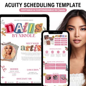 May include: A pink and white digital template for scheduling nail appointments. The template features a photo of a woman with long brown hair, a photo of a woman's hands with colorful nail designs, and the text "nails by nicole".
