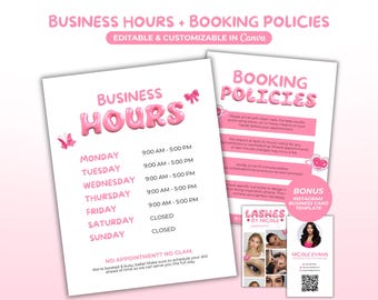 Business Sign Template Lash Tech Business Hours Booking Policies Lash Booking Policy Lash Tech Business Template Canva Lash Tech Branding