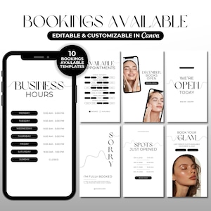 Può includere: Una grafica di marketing digitale con il testo "BOOKINGS AVAILABLE" e "EDITABLE & CUSTOMIZABLE IN Canva". L'immagine include uno smartphone che mostra gli orari di apertura e diversi modelli per appuntamenti e promozioni.