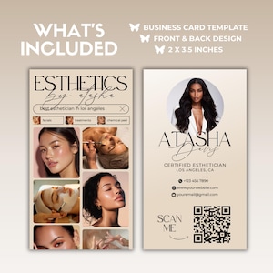 May include: A business card template with front and back designs. The front features the text "Esthetics by Aysha" and images of facial treatments. The back displays "Atasha Davy, Certified Esthetician" with contact details and a QR code. The card measures 2 x 3.5 inches.