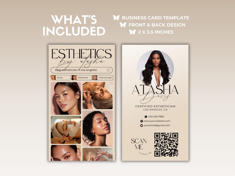 May include: A business card template with front and back designs. The front features the text "Esthetics by Aysha" and images of facial treatments. The back displays "Atasha Davy, Certified Esthetician" with contact details and a QR code. The card measures 2 x 3.5 inches.
