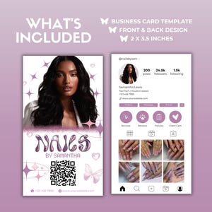 Puede incluir: Una plantilla de tarjeta de visita rosa y blanca para una t&eacute;cnica de u&ntilde;as. El anverso de la tarjeta presenta una foto de una mujer con cabello largo y oscuro y un dise&ntilde;o rosa y blanco con el texto "Nails by Samantha". El reverso de la tarjeta presenta un perfil de redes sociales con el nombre de usuario "@nailstysam", un c&oacute;digo QR y una cuadr&iacute;cula de fotos de u&ntilde;as manicuradas.