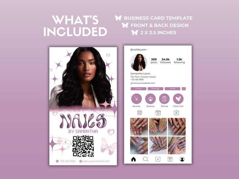 Puede incluir: Una plantilla de tarjeta de visita rosa y blanca para una t&eacute;cnica de u&ntilde;as. El anverso de la tarjeta presenta una foto de una mujer con cabello largo y oscuro y un dise&ntilde;o rosa y blanco con el texto "Nails by Samantha". El reverso de la tarjeta presenta un perfil de redes sociales con el nombre de usuario "@nailstysam", un c&oacute;digo QR y una cuadr&iacute;cula de fotos de u&ntilde;as manicuradas.