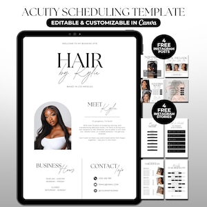 May include: A black and white digital template for a hair salon, displayed on a tablet. The template includes the text "HAIR by Kylie" and business information. Additional promotional materials are included, such as free Instagram posts and stories.