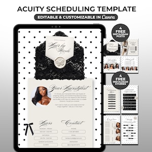 May include: A digital Acuity Scheduling template displayed on a tablet screen, featuring a black and white polka dot background, a black lace envelope graphic with a wax seal, and text including Hair by Nicole and Your Hairstylist.