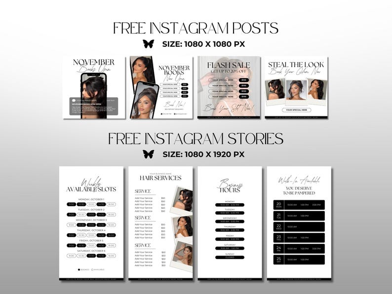 K&ouml;nnte beinhalten: Eine Sammlung von Instagram-Post- und Story-Vorlagen in Schwarz und Wei&szlig;. Die Beitr&auml;ge enthalten Texte wie "November Books Now Open" und "Flash Sale". Die Stories zeigen Men&uuml;s f&uuml;r Friseurdienstleistungen und die Verf&uuml;gbarkeit von Terminen.