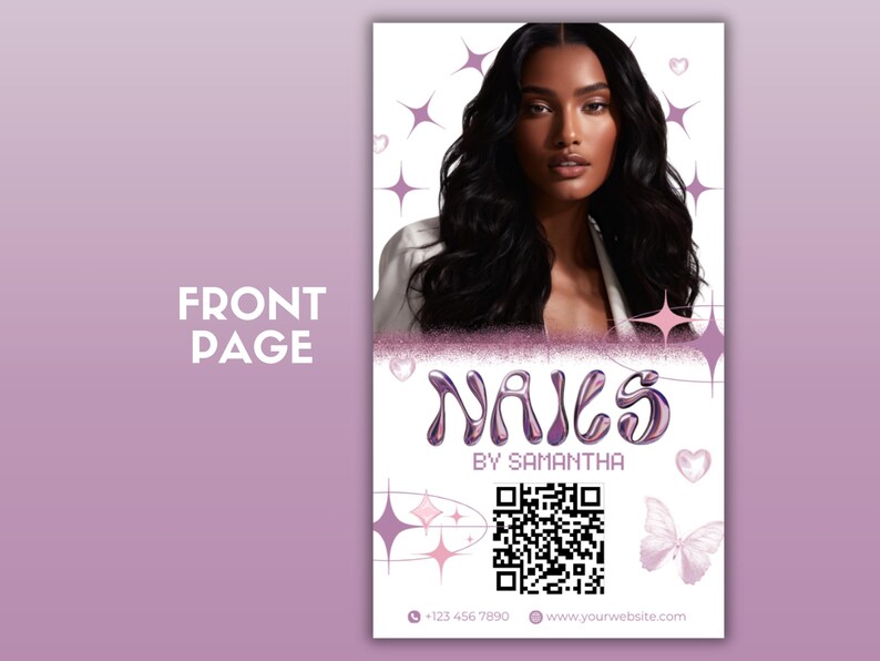 Puede incluir: Una tarjeta de visita blanca con un fondo de purpurina rosa y morado. El texto "Nails by Samantha" est&aacute; en una fuente rosa y morada. Un c&oacute;digo QR est&aacute; en el centro de la tarjeta. El n&uacute;mero de tel&eacute;fono +123 456 7890 y el sitio web www.yourwebsite.com est&aacute;n en la parte inferior de la tarjeta.