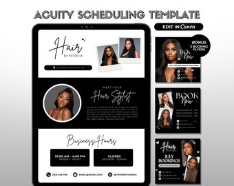 Puede incluir: Plantilla digital en blanco y negro para un negocio de estilista, mostrada en una tableta. La plantilla incluye el nombre del negocio "Hair by Patricia", fotos de peinados e información de reservas. También es visible el texto "Edit in Canva".