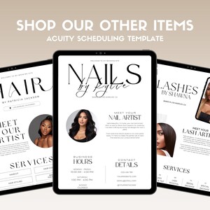 May include: Three digital tablets displaying beauty service advertisements. The tablets feature the words "HAIR," "NAILS," and "LASHES" with artist names and contact information. The text "SHOP OUR OTHER ITEMS" and "ACUITY SCHEDULING TEMPLATE" are also visible.