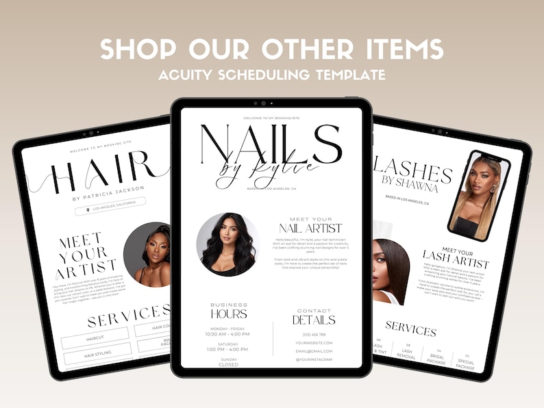 May include: Three digital tablets displaying beauty service advertisements. The tablets feature the words "HAIR," "NAILS," and "LASHES" with artist names and contact information. The text "SHOP OUR OTHER ITEMS" and "ACUITY SCHEDULING TEMPLATE" are also visible.