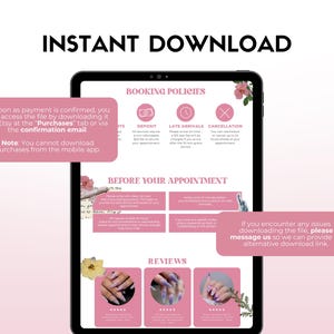 May include: A pink and white digital tablet screen with the text "INSTANT DOWNLOAD" at the top. The screen displays information about booking policies, before your appointment, and reviews. The screen also includes a message about downloading the file and contacting the seller if there are any issues.