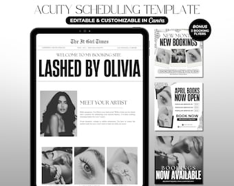 May include: Black and white image of a website template for a lash artist. The template features a photo of the artist, a description of their services, and a call to action to book an appointment. The template is designed to be used on a mobile device.