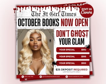 May include: A promotional flyer with a woman with blonde hair, advertising October services. The headline says "OCTOBER BOOKS NOW OPEN" and "DON'T GHOST YOUR GLAM". The flyer uses a red and white colour scheme with spider web and spider graphics.