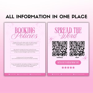 May include: Pink and white informational posters with the text "ALL INFORMATION IN ONE PLACE." One poster lists booking policies, and the other encourages viewers to "SPREAD THE WORD" with QR codes for Google and Yelp.