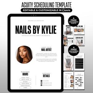May include: A digital template for a nail salon, displayed on a tablet. The screen shows "NAILS BY KYLIE" in bold black letters, along with business hours and contact details. Includes 4 free Instagram posts and stories.