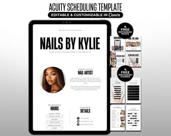 Pode incluir: Um modelo digital para um salão de unhas, exibido em um tablet. A tela mostra "NAILS BY KYLIE" em letras pretas em negrito, juntamente com o horário comercial e os detalhes de contato. Inclui 4 posts e stories gratuitos do Instagram.